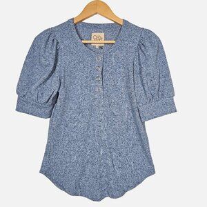 Chaser Ribbed Heather Blue Short Sleeve Henley Knit Top Puff Sleeves‎ NWT Size S
